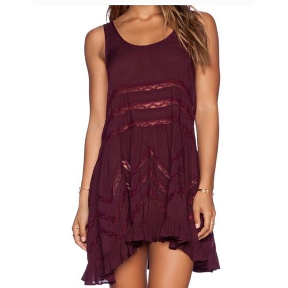 BEAUTIFUL Free People Voile and Lace Trapeze Slip dress size SP Burgundy COLORED - Picture 2 of 8